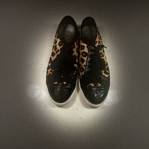 Tory Burch Women's Black Leopard Print Sneakers. Calf hair and leather